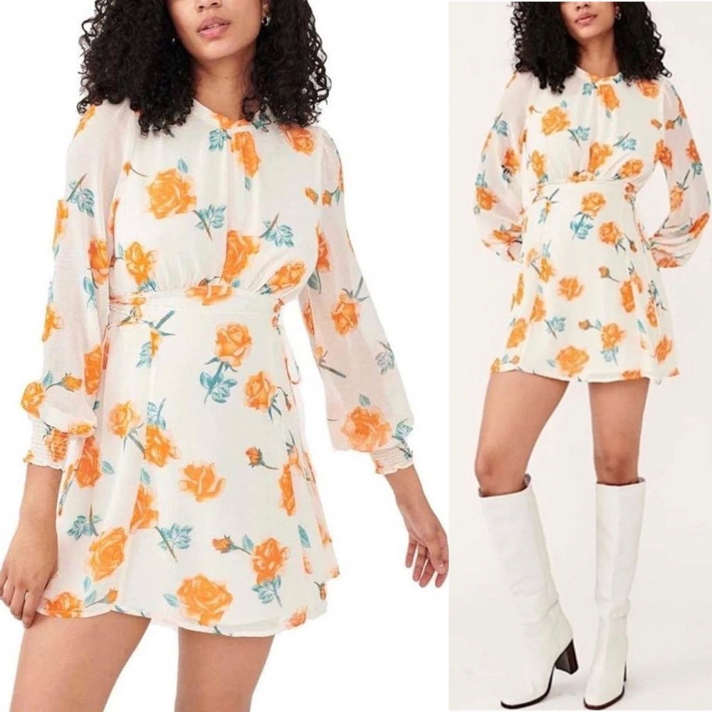 Free People Samantha Lace Up Mini Dress Light Combo XS Floral Chiffon Lace Up